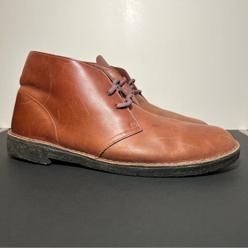 Mens CLARKS Originals Dark Tan Leather Desert Boots / Size 13 Medium